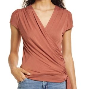 NWT LOVEAPPELA FAUX WRAP JERSEY TOP HIP TIE MED TERRACOTTA